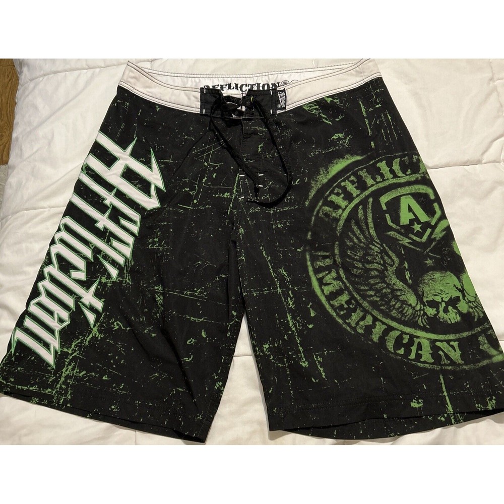 Affliction Shorts Mens 36 Black Green American Customs Spray Paint Boardshorts